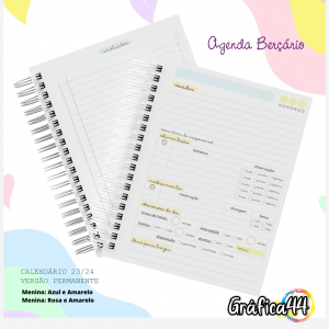 Agenda Berçário Permanente Folhas Internas Papel Offset 75g. 15 x 21 cm - 230 Páginas Impressão Colorida. Capa com Laminação. wire-o Bolso Plástico e Fechamento com Elástico.