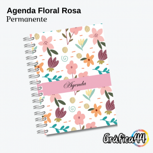 Agenda Floral Rosa - Permanente Folhas Internas Papel Offset 75g. 15 x 21 cm Impressão Colorida. Capa com Laminação. wire-o Bolso Plástico Transparente e Fechamento com Elástico.