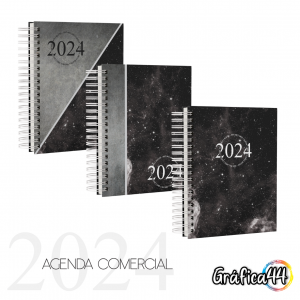 Agenda Comercial 2024 Folhas Internas Papel Offset 75g. 15 x 21 cm - 2 dias por página, 228 páginas. Impressão Colorida. Capa com Laminação. Wire-o. Bolso Plástico e Fechamento com elástico