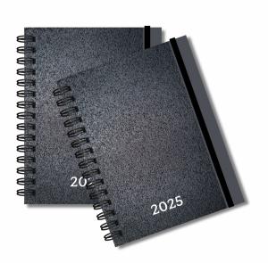 Agenda Comercial 2025 Folhas Internas Papel Offset 75g. 15 x 21 cm - 2 dias por página, 224 páginas. Impressão Colorida. Capa com Laminação. Wire-o. Bolso Plástico e Fechamento com elástico