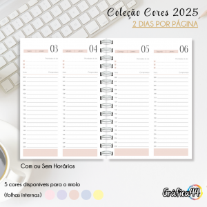 Agenda Cores - 2 dias por página Folhas Internas Papel Offset 75g. 15 x 21 cm - 240 páginas. Impressão Colorida. Capa com Laminação. Wire-o. Bolso Plástico e Fechamento com Elástico.