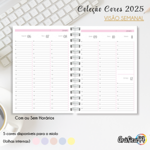 Agenda Cores - Semanal Folhas Internas Papel Offset 75g. 15 x 21 cm - Visão Semanal - 170 páginas. Impressão Colorida. Capa com Laminação. Wire-o. Bolso Plástico e Fechamento com Elástico.