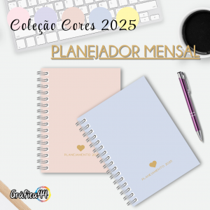 Planejador Mensal Folhas Internas Papel Offset 90g 15 x 21 cm - 36 páginas Impressão Colorida. Capa com Laminação. Wire-o. Bolso Plástico e Fechamento com Elástico.