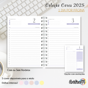 Agenda Cores - 1 dia por página Folhas Internas Papel Offset 75g. 15 x 21 cm - 416 páginas. Impressão Colorida. Capa com Laminação. Wire-o. Bolso Plástico e Fechamento com Elástico.