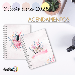 Agendamentos Cores Folhas Internas Papel Offset 75g. 15 x 21 cm - 1 dia por página, 416 páginas Impressão Colorida. Capa com Laminação. Wire-o. Bolso Plástico  e Fechamento com Elástico.