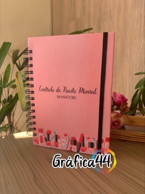 Caderno Controle Pacote Mensal - Manicure Folhas Internas Papel Offset 75g. 15 x 21 cm - 250 Páginas Impressão Colorida. Capa com Laminação. wire-o Fechamento com Elástico.