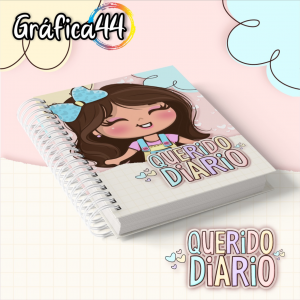 Diário Menina Folhas Internas Papel Offset 75g. 15 x 21 cm - 162 páginas Impressão Colorida. Capa com Laminação. wire-o Bolso de papel e Fechamento com Elástico.