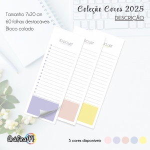 Bloco To do List Papel Offset 75g 7x20 cm Impressão Colorida - Frente  60 folhas destacáveis 